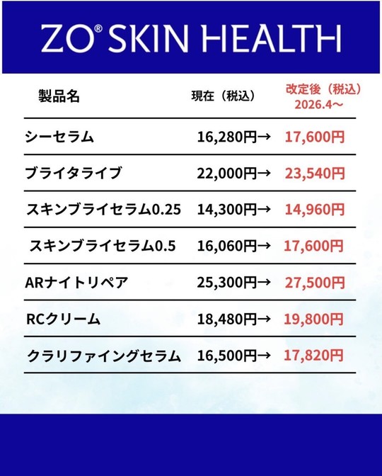 ゼオスキンヘルス価格改定のお知らせ - 韮崎市の皮膚科・美容皮膚科